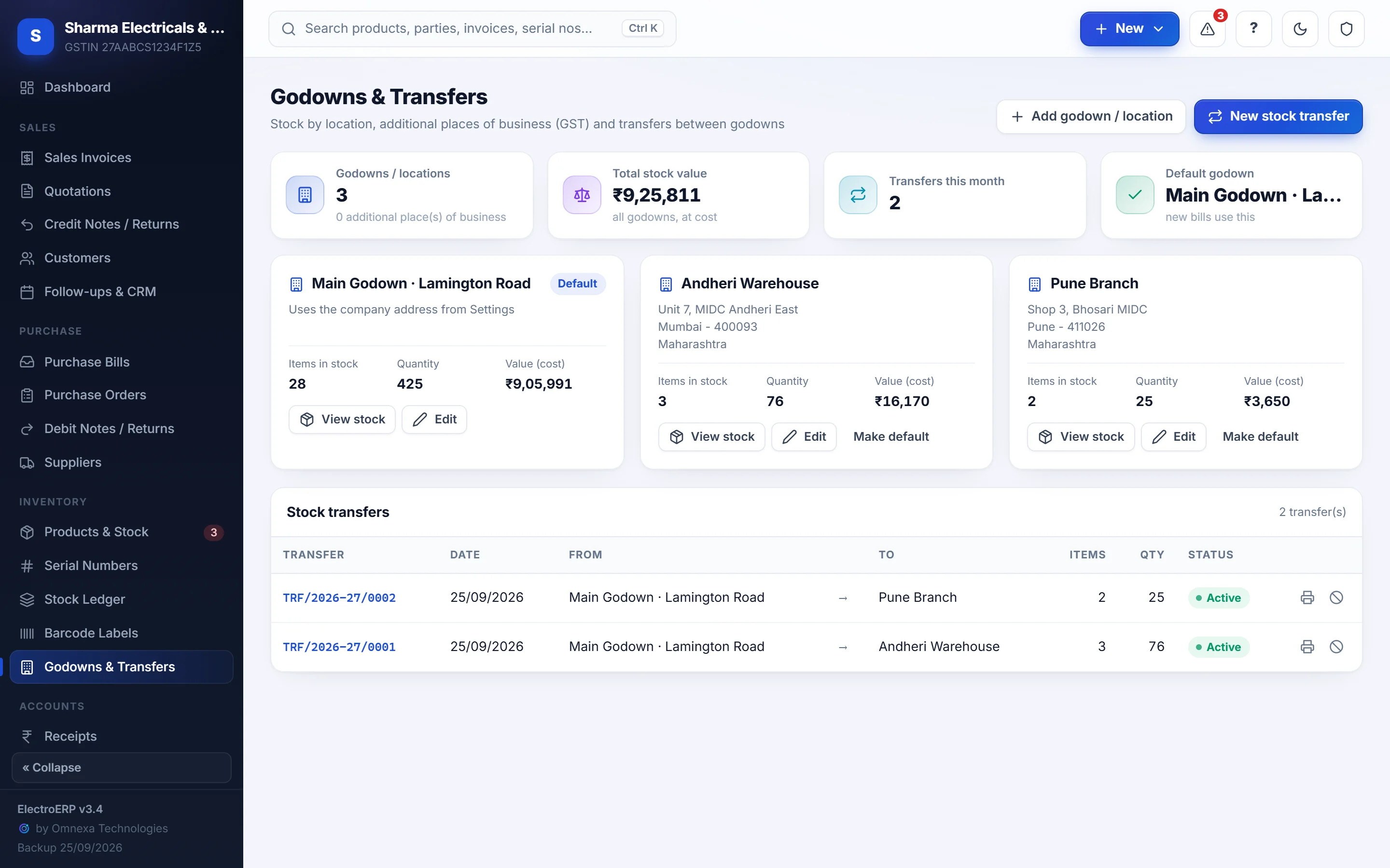 Godowns and stock transfers in ElectroERP