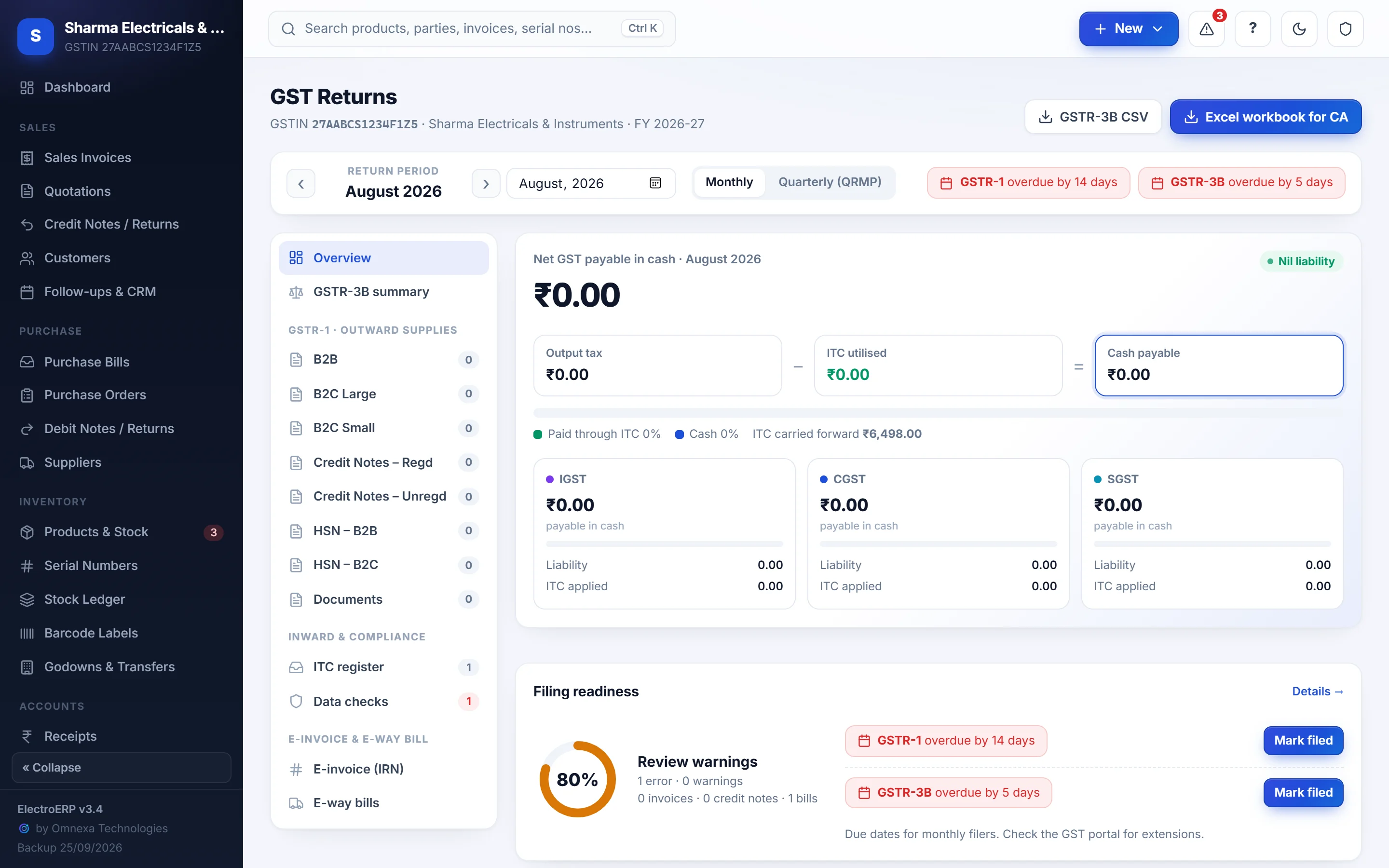 GST returns summary in ElectroERP