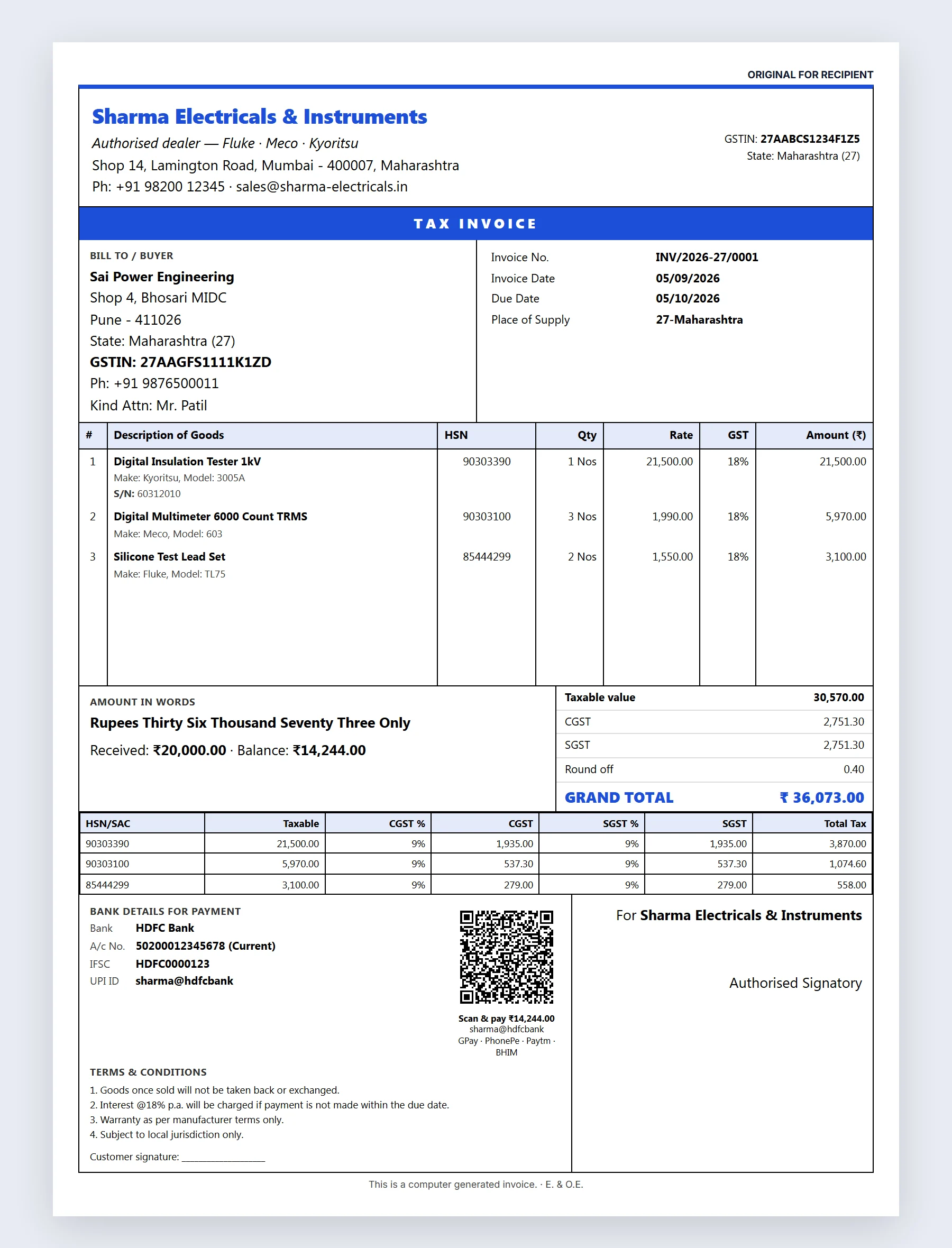 A GST tax invoice printed from ElectroERP