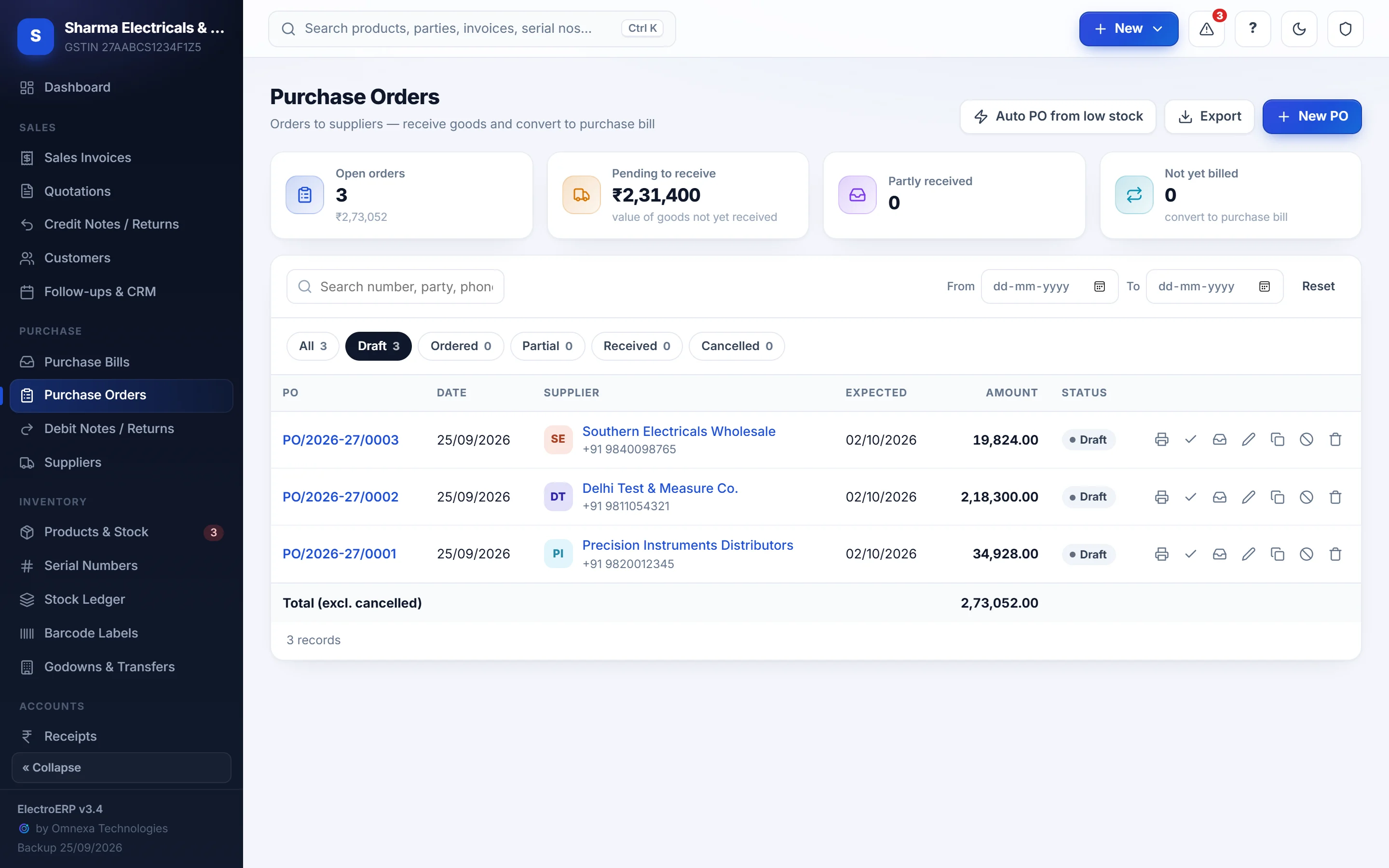Purchase orders created automatically from low stock